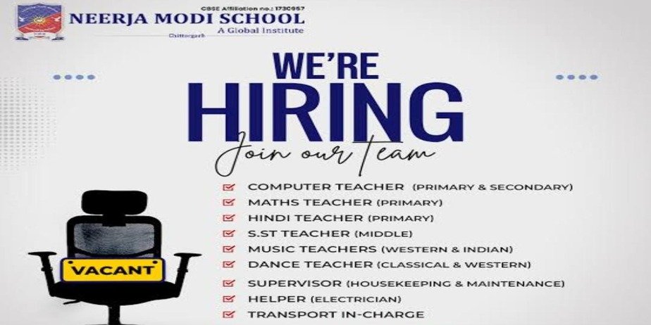 Teacher jobs at Neerja Modi School Chittorgarh, Rajasthan