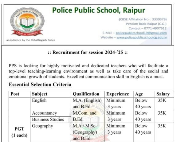 Job At Police Public School, Raipur