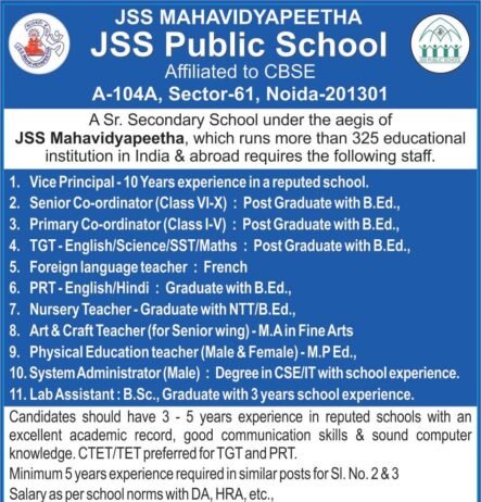 Teachers job in JSS Public School ,  Noida, Uttar Pradesh