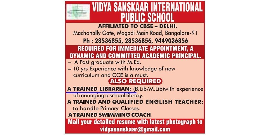 Teacher jobs at Vidya Sanskaar International Public School Bengaluru Karnataka