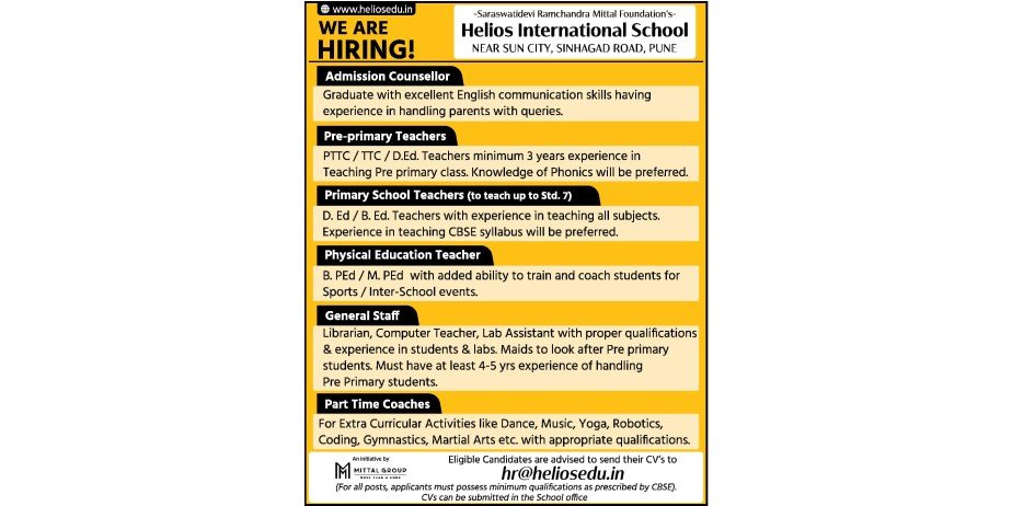 Teacher jobs at Helios International School Pune Maharashtra