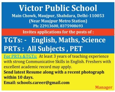 Teachers job in Victor Public School , Delhi