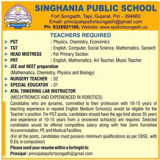 teachers jobs in Singhania Public School, Tapi, Gujarat