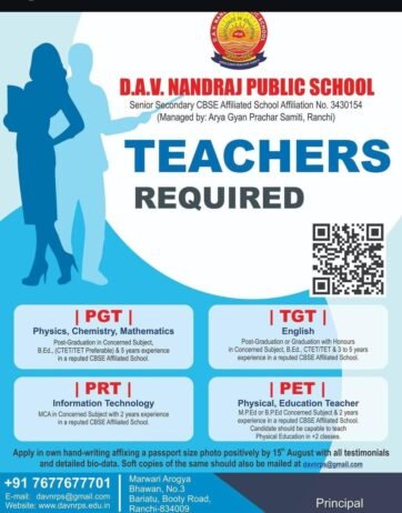 Job for Teachers at D.A.V. Nandraj Public School, Ranchi.