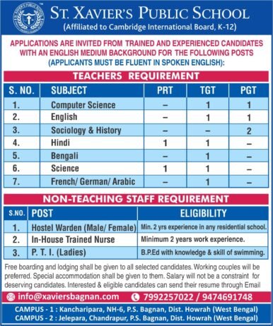 Teachers job in ! St. Xavier’s Public School, Bagnan