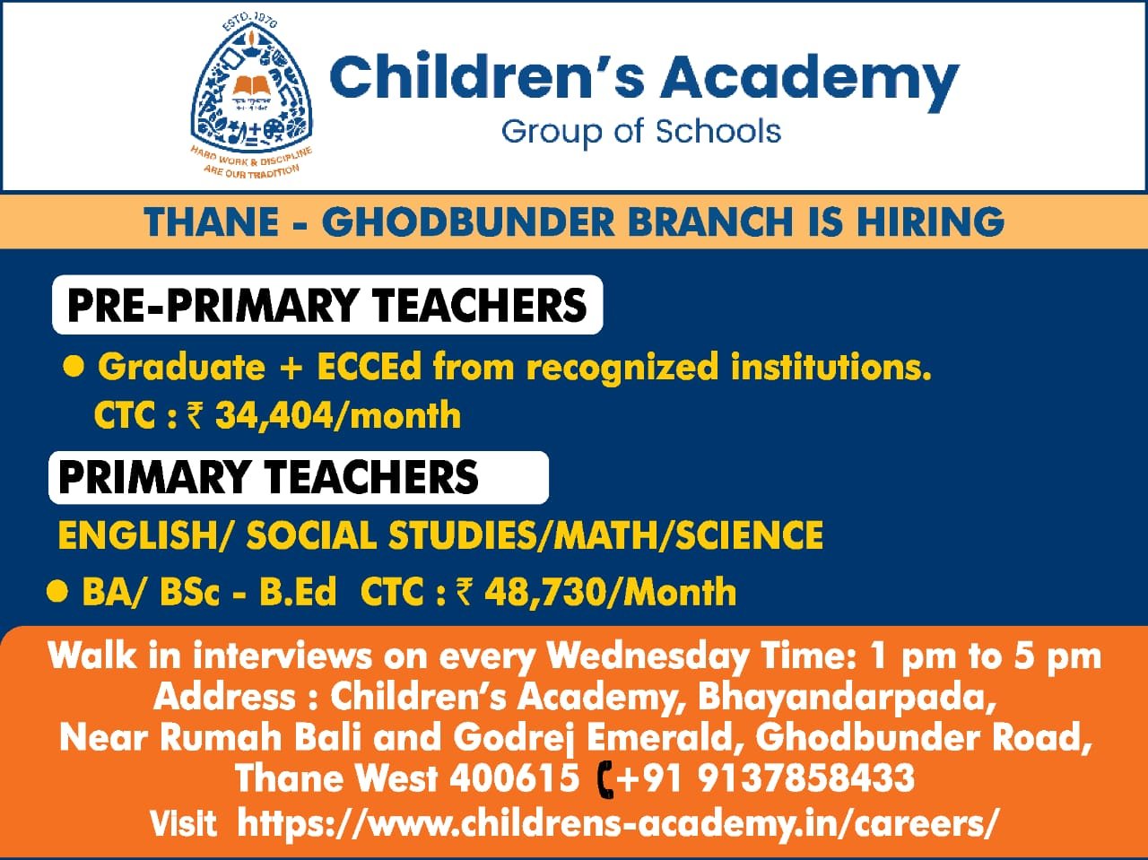 Teachers job in Children’s Academy,Mumbai, Maharashtra