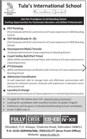 Job for Teachers at Tula International School in Dehradun