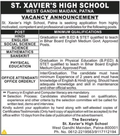 Teachers job in ! ST. XAVIER’S HIGH SCHOOL in Patna, Bihar