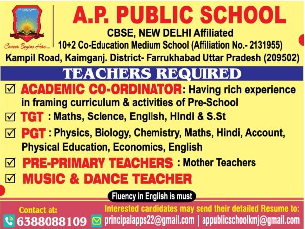 Opening Job for Teachers at A.P. PUBLIC SCHOOL in Farrukhabad, Uttar Pradesh