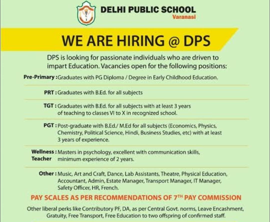 Job for Teachers at DELHI PUBLIC SCHOOL in Varanasi, Uttar Pradesh