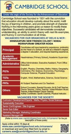 Opening Job for Teachers at CAMBRIDGE SCHOOL in Gurgaon, Haryana