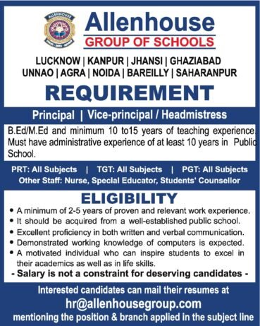 Teachers job in ! Allenhouse GROUP OF SCHOOLS in Rooma,(U.P.)