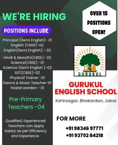 Job for Teachers at GURUKUL ENGLISH SCHOOL in Jalna, Maharastra