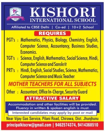 Teaching Job at Kishori International School, Jhunjhunu, Rajasthan