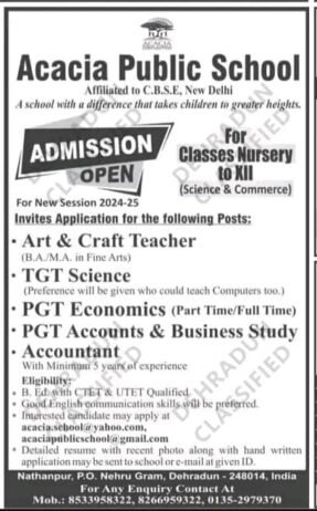 Job Opening in Acacia Public School, Dehradun