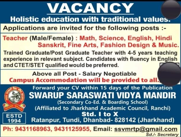 JOB OPENING IN SWARUP SARASWATI VIDYA MANDIR