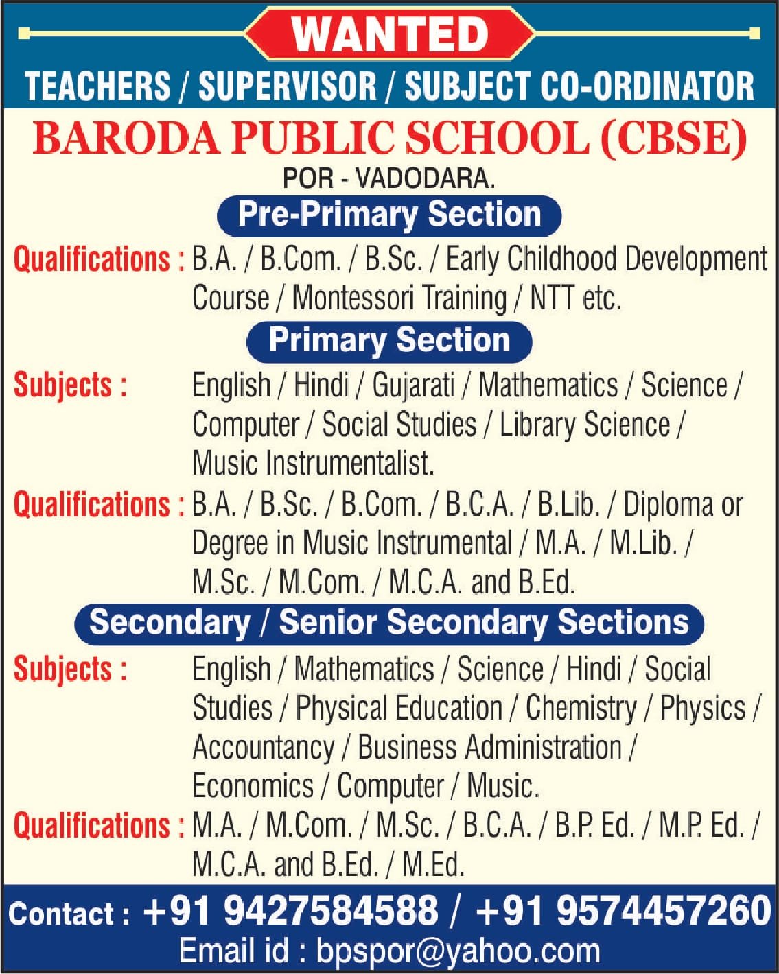 Teacher Job in Baroda Public School, Vadodara, Gujarat