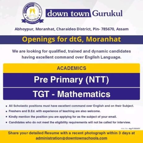 Teacher Job in Downtown Gurukul, Charaideo, Assam