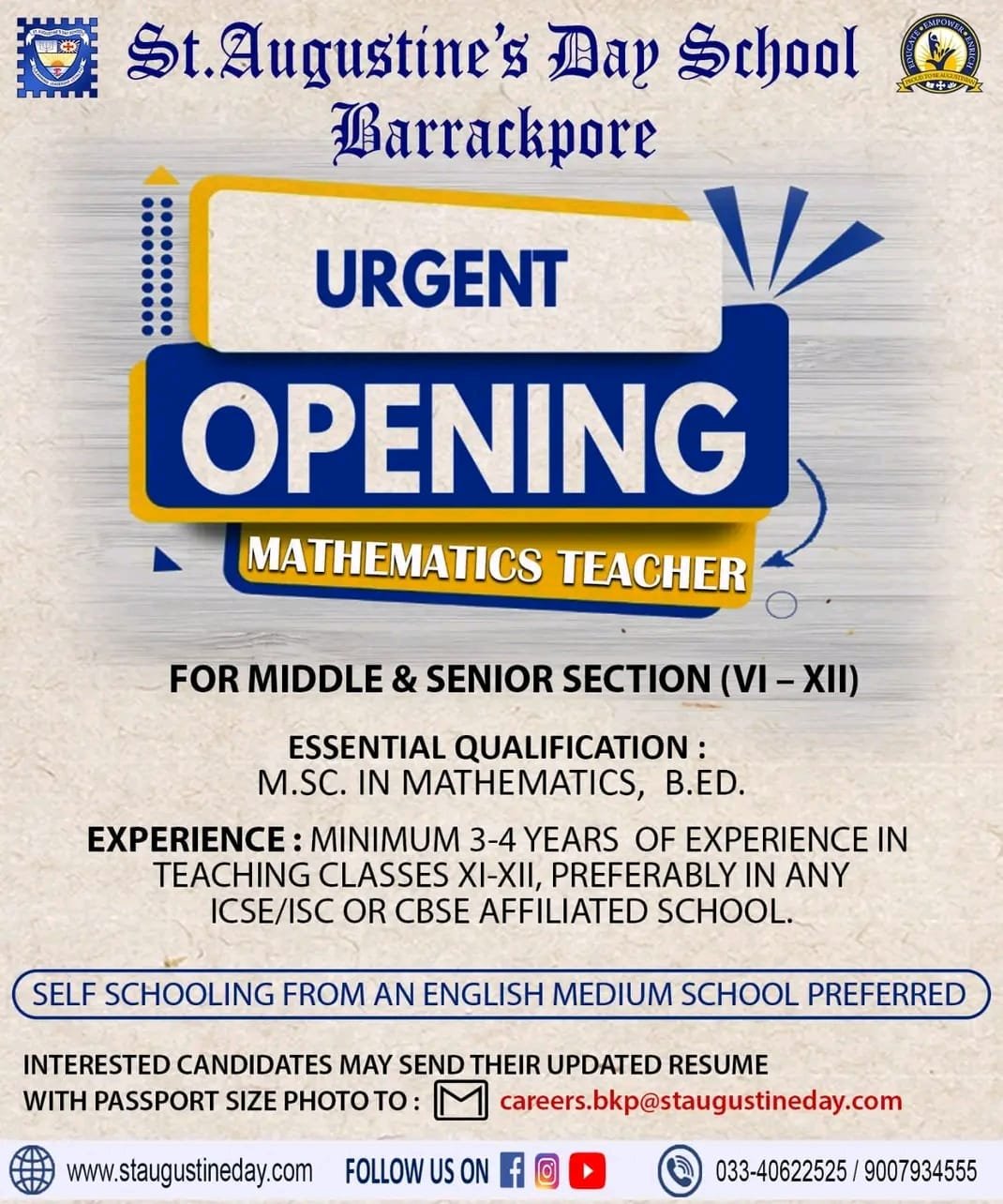 Teacher Job in St. Augustine’s Day School, Barrackpore, West Bengal