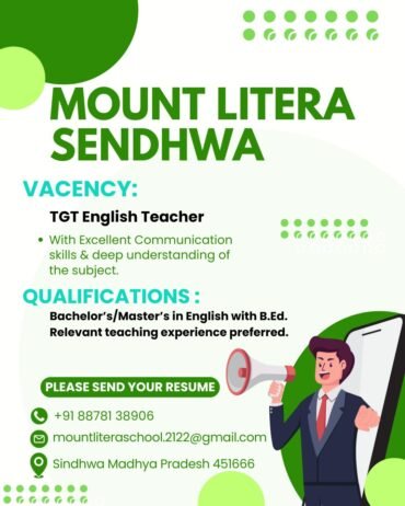 Teacher Job in Mount Litera School, Sendhwa, Madhya Pradesh