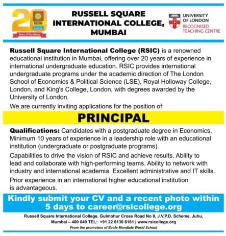 Job for Teachers at RUSSELL SQUARE INTERNATIONAL COLLEGE in Mumbai, Maharashtra