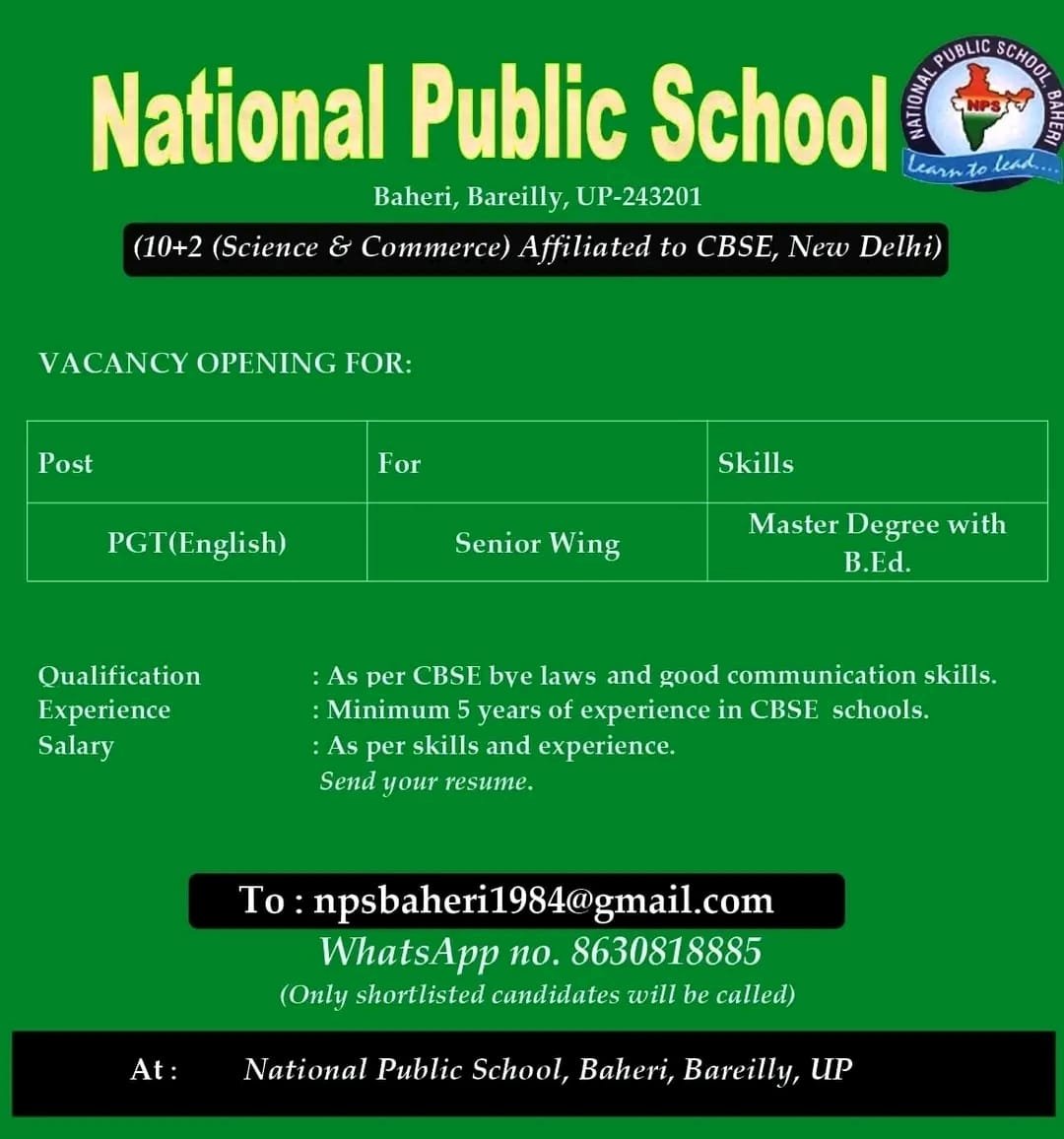 Job for Teachers at PUBLIC SCHOOL NATIONAL in Bareilly, UP