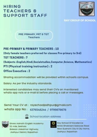 Job for Teachers at RAY GROUP OF SCHOOL in Jodhpur, Rajasthan