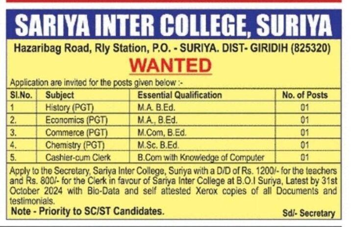 Job for Teachers at SARIYA INTER COLLEGE IN GIRIDIH , JHARKHAND