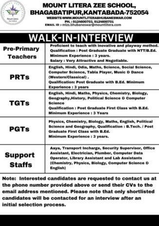 Job for Teachers at MOUNT LITERA ZEE SCHOOL in Hooghly, West Bengal