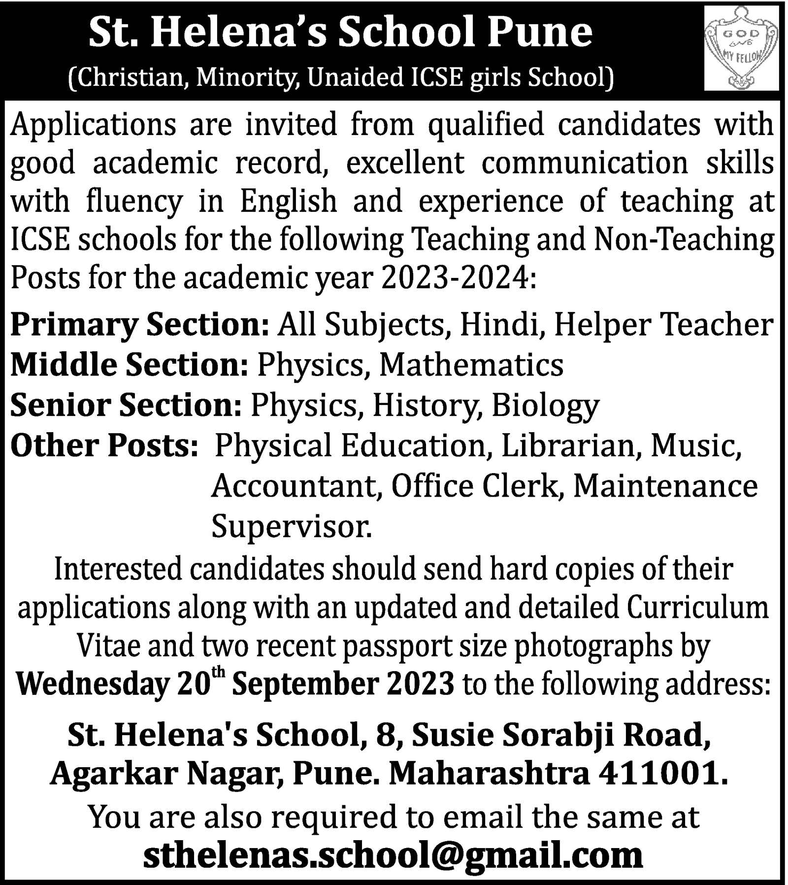 Teachers job in St. Helena’s School Pune