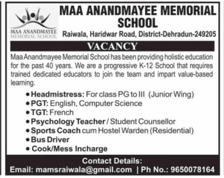 Teacher Job in Maa Anandmayee Memorial School, Dehradun, Uttarakhand