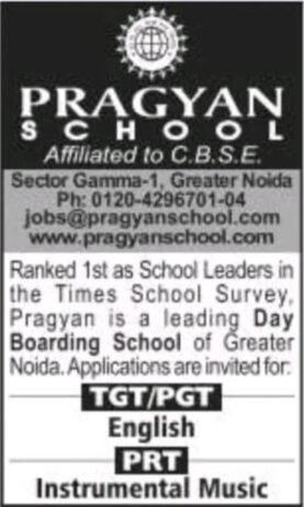 Opening Job for Teachers at PRAGYAN SCHOOL in Greater Noida