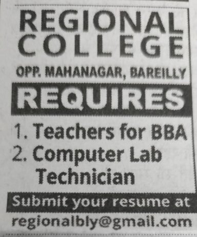 Teachers job in ! REGIONAL COLLEGE in Bareilly, Uttar Pradesh