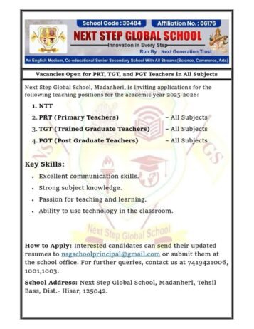 Opening Job for Teachers at NEXT STEP GLOBAL SCHOOL in Hisar, Haryana