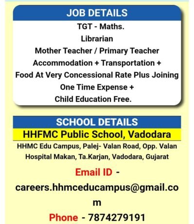 Job for Teachers at HHFMC Public School in Karjan, Gujarat