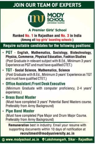 Teachers job in ! MODY SCHOOL in Sikar, Rajasthan