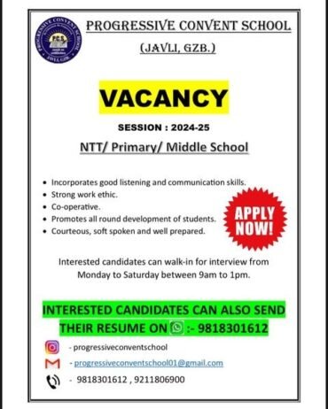 Teachers job in ! PROGRESSIVE CONVENT SCHOOL in Gzb, Uttar Pradesh