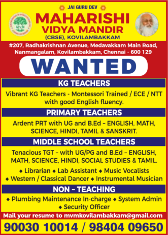 Job Openings at Maharishi Vidya Mandir (CBSE), Kovilambakkam, Chennai, Tamilnadu !