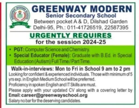 Teachers job in GREENWAY MODERN Senior Secondary School , Delhi