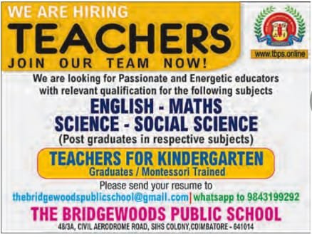 Join Our Team at The Bridgewoods Public School, Coimbatore