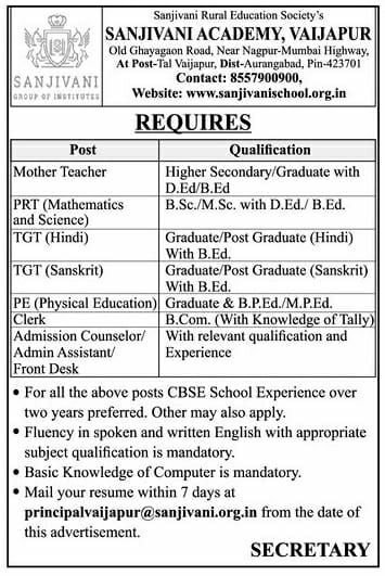 Teachers job in SANJIVANI ACADEMY, VAIJAPUR , Maharashtra
