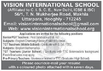 Teacher Jobs In! Vision International School , West Bengal, India!