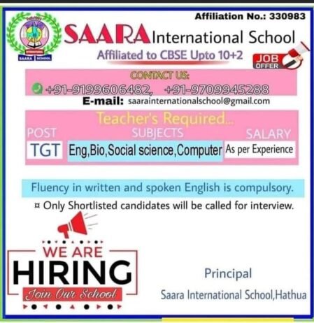 Teachers job in SAARA International School , Bihar