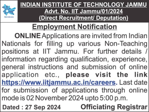 Teachers job in INDIAN INSTITUTE OF TECHNOLOGY JAMMU & Kashmir