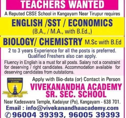 Teachers job in VIVEKANANDHA ACADEMY SR. SEC. SCHOOL , Tamil Nadu