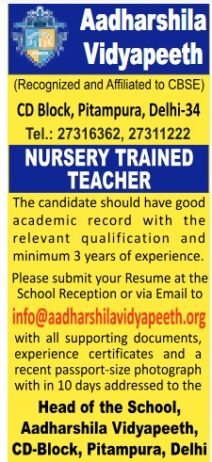 Teachers job in Aadharshila Vidyapeeth , Delhi