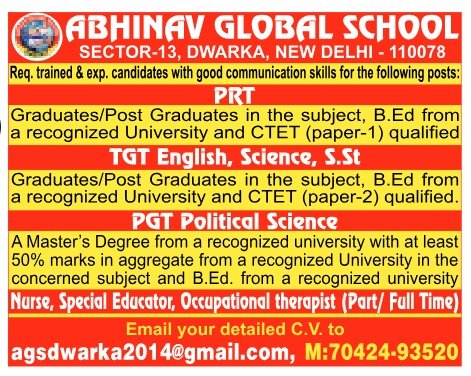 Teachers job in ABHINAV GLOBAL SCHOOL , Delhi