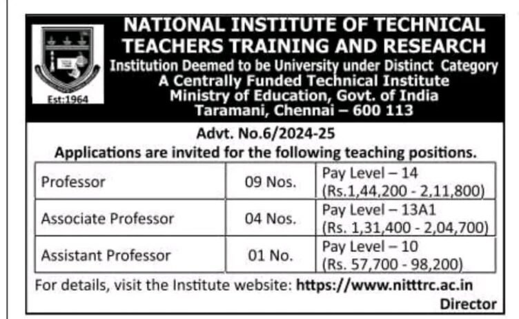 Job Opportunities at National Institute of Technical Teachers Training and Research (NITTTR), Chennai