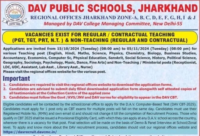 Job Opportunities for DAV Public Schools, Jharkhand