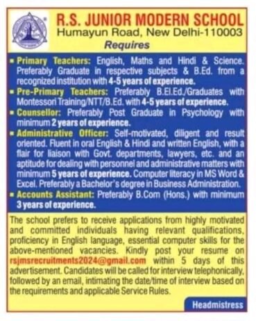 Career Opportunities at R.S. Junior Modern School, New Delhi